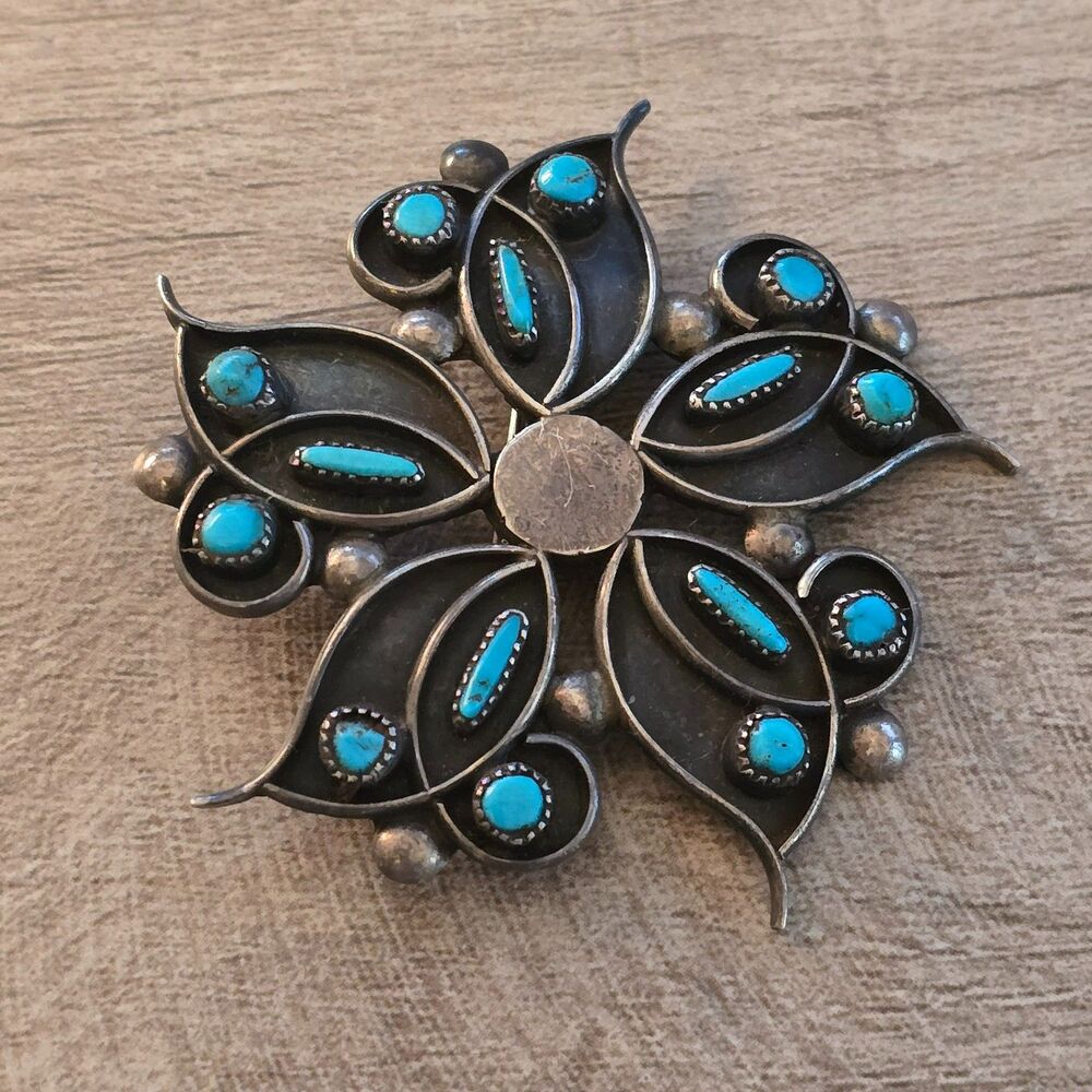 Vintage Zuni Sterling Turquoise Petit Point Brooch